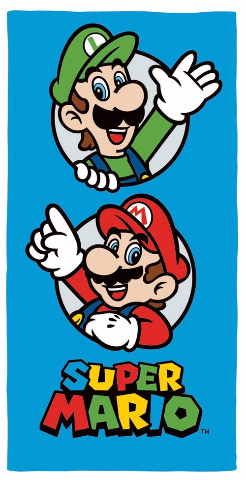 Super Mario håndklæde - 70x140 cm - Børnehåndklæde med Mario og Luigi - Badehåndklæde 100% Bomuld