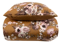 Sengetøj king size - 240x220 cm - Vendbart design i 100% Bomuldssatin - Flowers & Dots karry - Sengesæt fra By Night