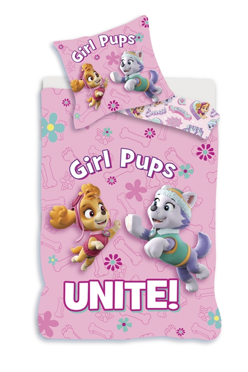 Paw Patrol Juniorsengetøj 100x140 cm - Girl pups pink - Vendbart design - 100% bomuld  